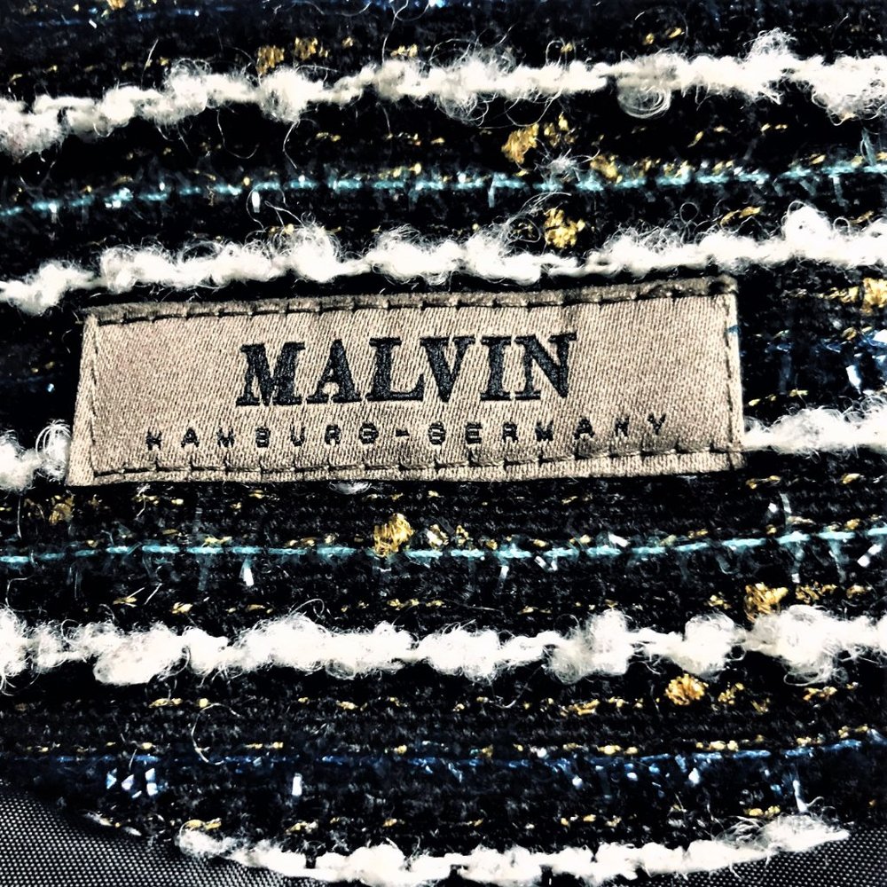 Vintage "Malvin" Tweed Jacket Blue Gold Metallic Thread Sequins Made Germany Sz8